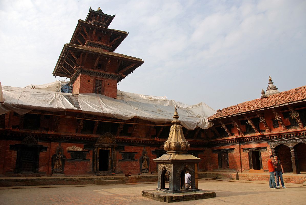 Kathmandu Patan Durbar Square Mul Chowk 04 Small Bidiya Temple In Middle With Taleju Bhawani Temple Flanked by River Goddesses Jamuna And Ganga 